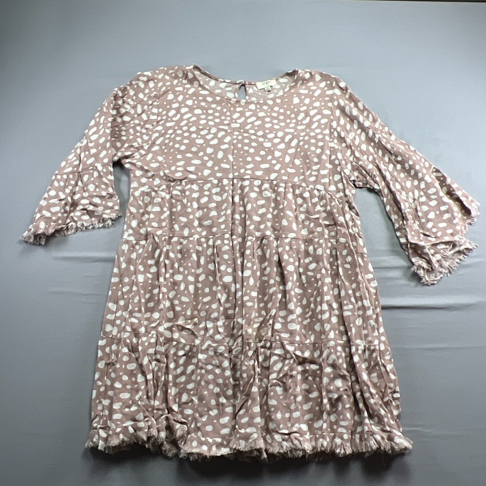 Umgee Shift Dress Womens Medium Dusty Pink White Organic Spot Print Frayed Trim - Picture 4 of 9
